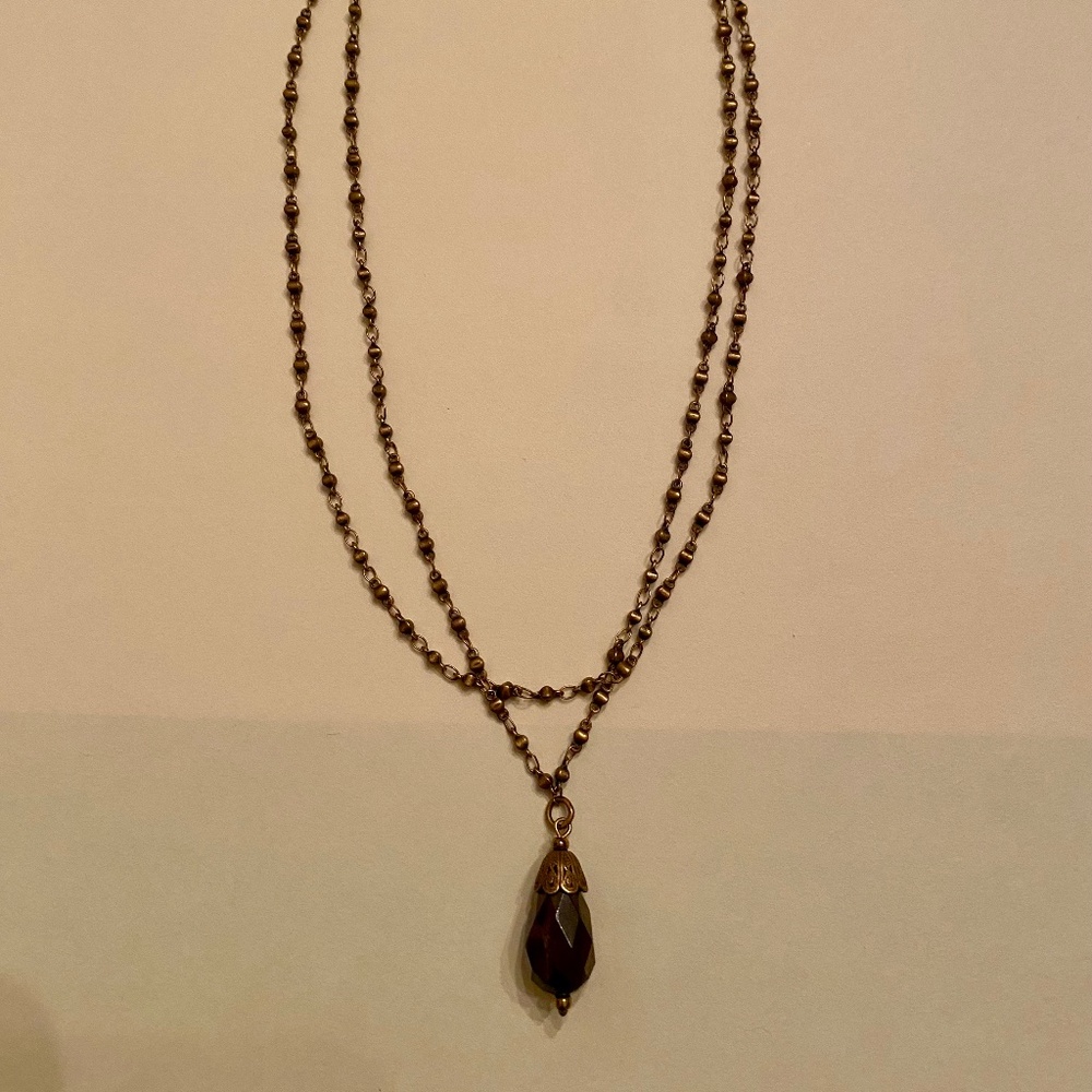 Tiered drop necklace, delicate antique gold tone chain & pretty gem cut pendant